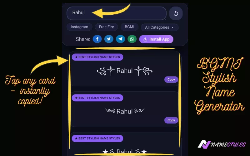 Typing name in stylish name generator for BGMI and PUBG – instant style preview