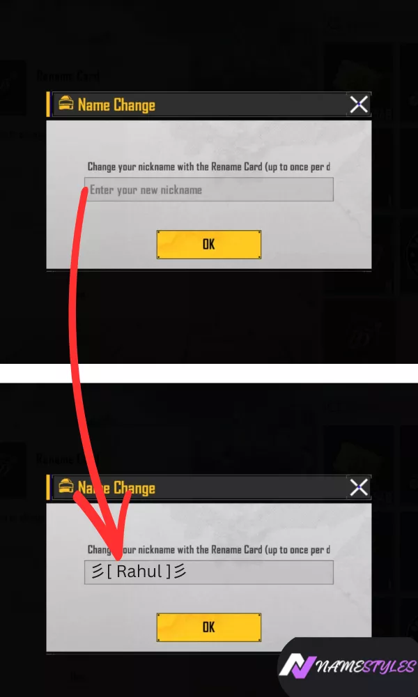 Pasting a stylish name in BGMI name change popup with confirm button