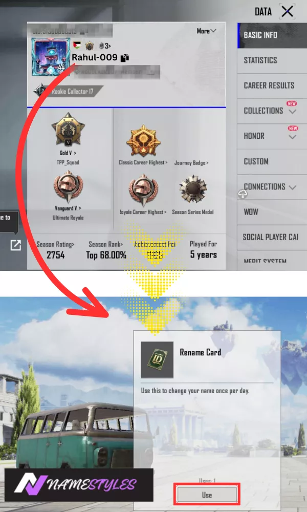 BGMI profile screen with pencil edit icon next to player name