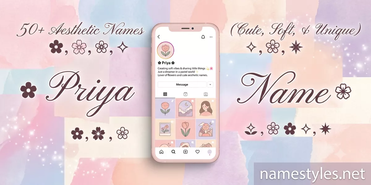 Aesthetic Instagram names collage – soft fonts, flowers, stars