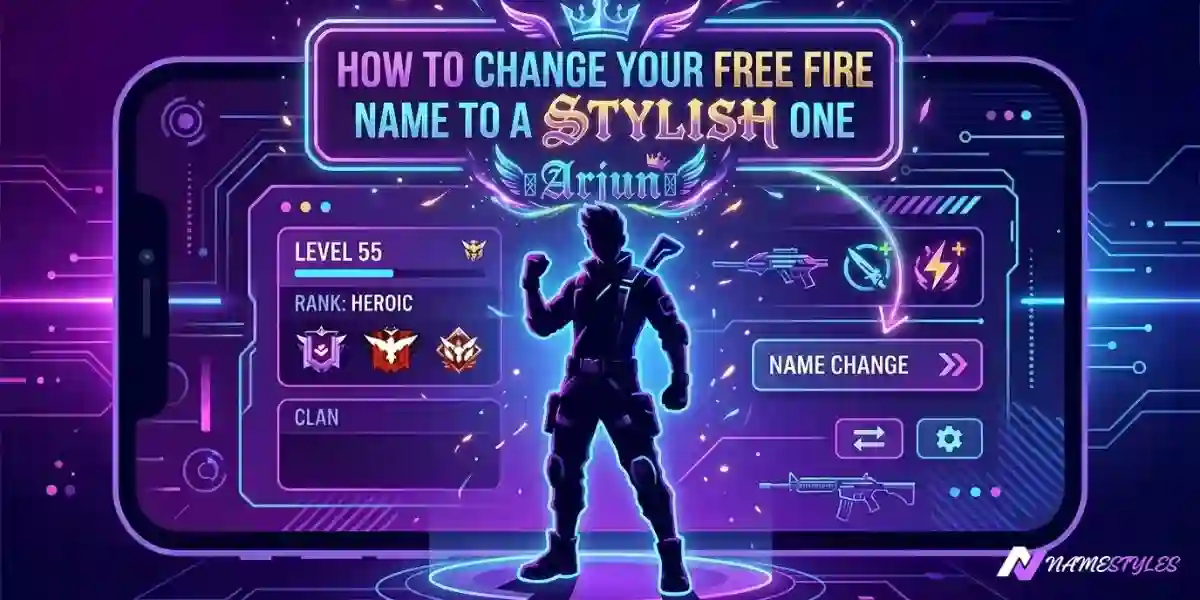 Free Fire stylish name change guide – glowing neon name over game character silhouette