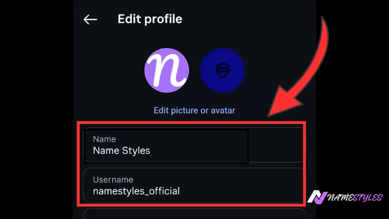 Instagram Edit Profile screen showing Name and Username fields