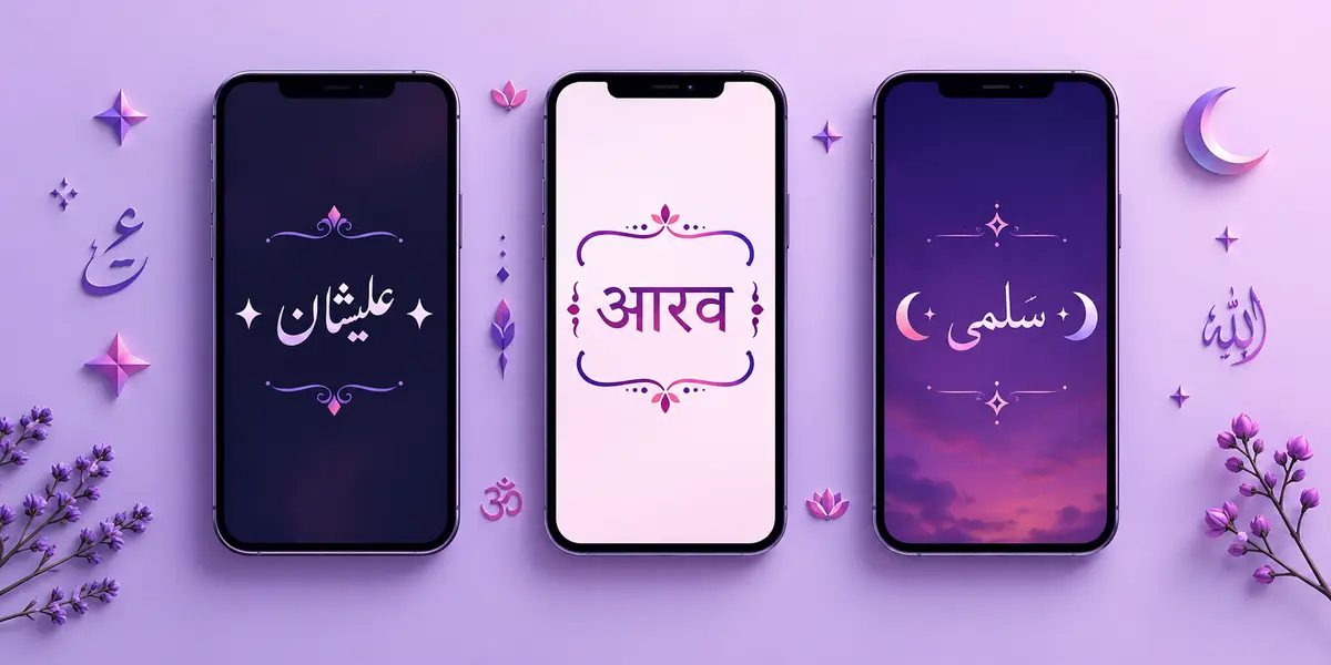 Stylish Urdu, Hindi and Arabic names displayed with safe decorative symbols around each name