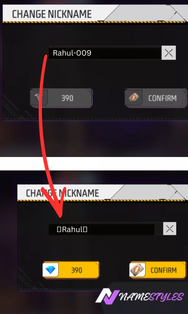 Free Fire name change popup with pasted stylish name and confirm button