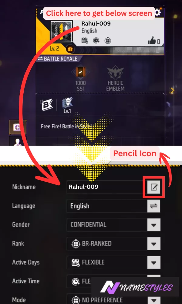 Free Fire profile screen with edit (pencil) icon next to player name