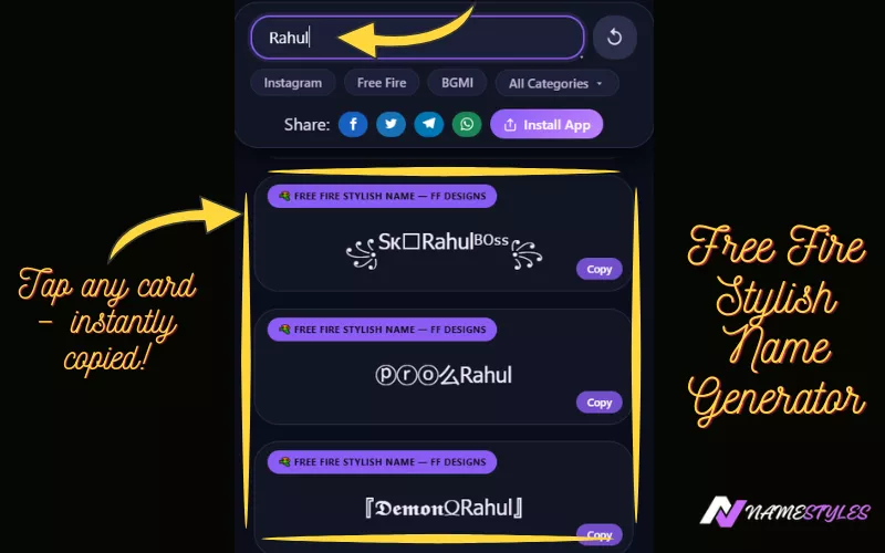 Typing name in stylish name generator input box – tap any style card to copy instantly